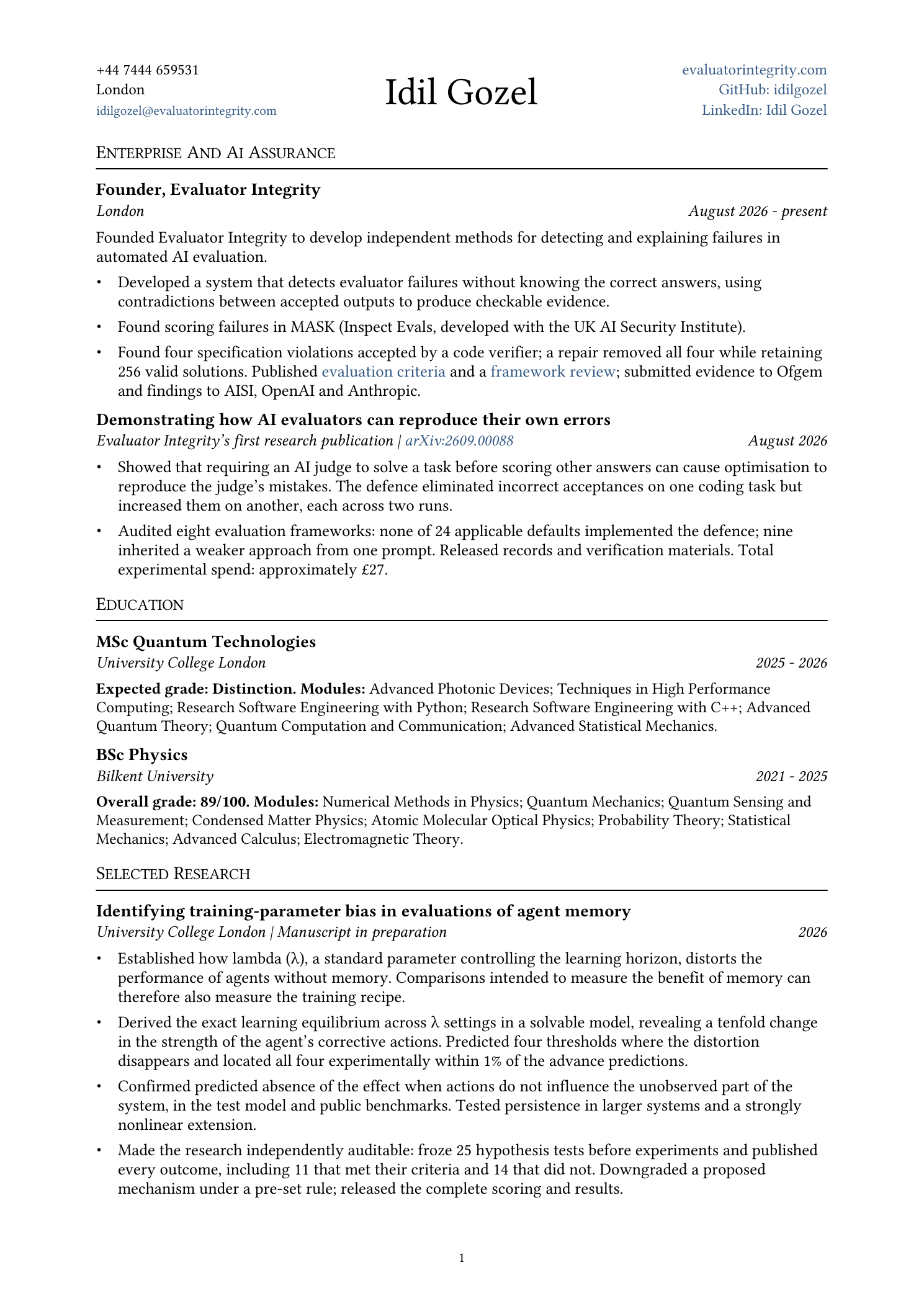 Idil Gozel’s curriculum vitae, page 1 of 2